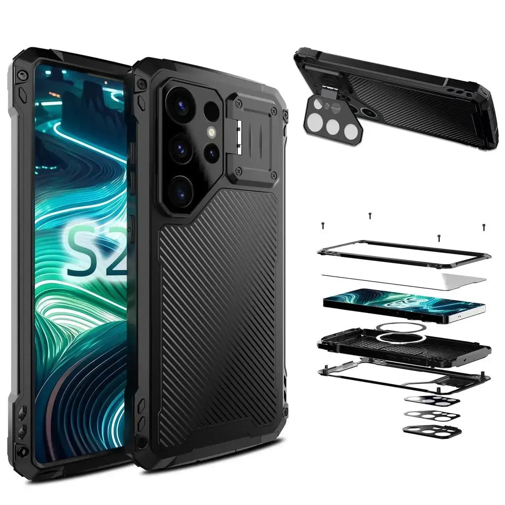 Buy Classic Full Body Metal Armor Phone Case, with Screen Protector, Heavy Duty Defender Shockproof Case - Bulwark at Caseles-Samsung Galaxy S25 Ultra, Black