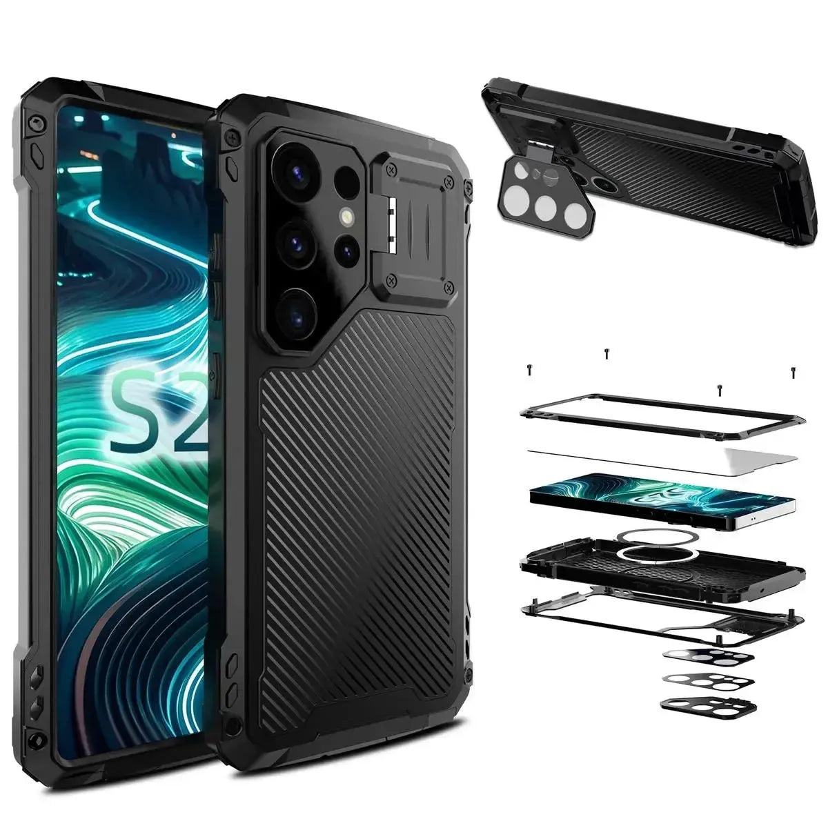 Buy Classic Full Body Metal Armor Phone Case, with Screen Protector, Heavy Duty Defender Shockproof Case - Bulwark at Caseles-Samsung Galaxy S25 Ultra, Black