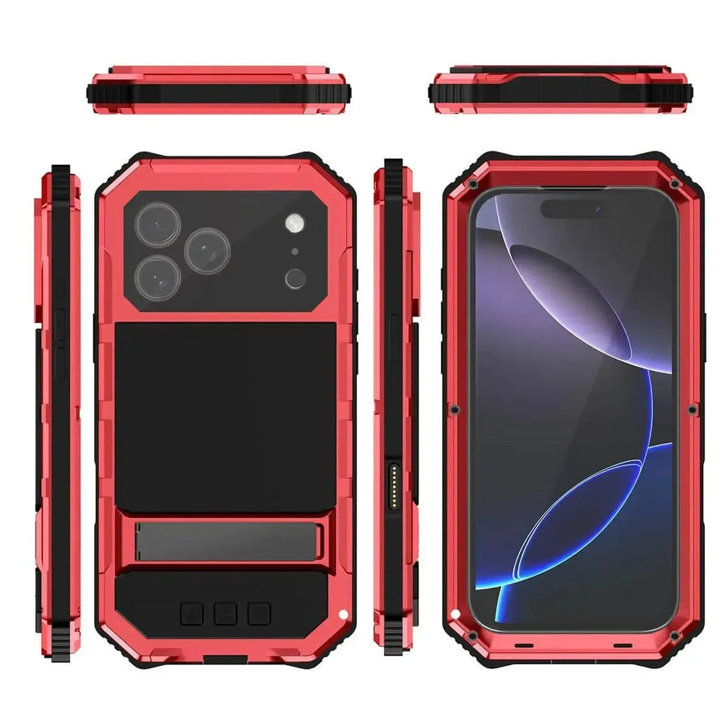 Buy Heavy Duty Aluminum iPhone Case with Kickstand, Built-in Screen & Camera Protector, Shockproof Military-Grade Gorilla Glass Cover - Hamza at Caseles-iPhone 17 Pro Max, Black