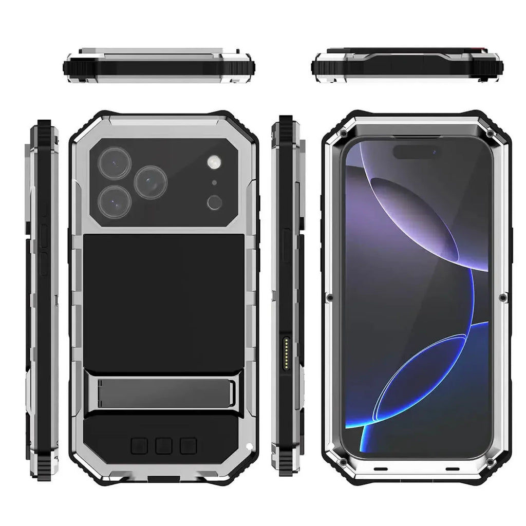 Buy Heavy Duty Aluminum iPhone Case with Kickstand, Built-in Screen & Camera Protector, Shockproof Military-Grade Gorilla Glass Cover - Hamza at Caseles-iPhone 17 Pro Max, Black