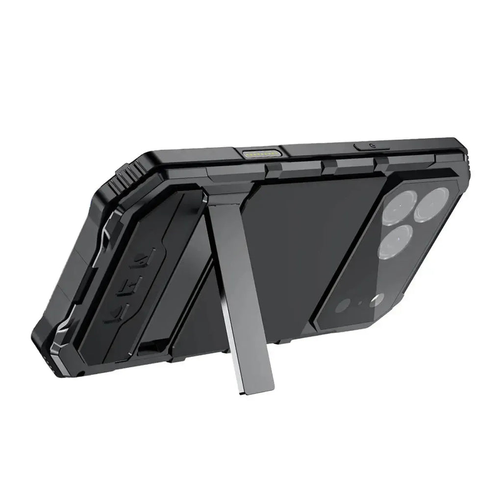 Buy Heavy Duty Aluminum iPhone Case with Kickstand, Built-in Screen & Camera Protector, Shockproof Military-Grade Gorilla Glass Cover - Hamza at Caseles-iPhone 17 Pro Max, Black