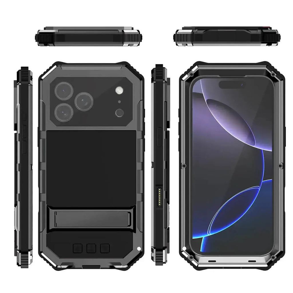 Buy Heavy Duty Aluminum iPhone Case with Kickstand, Built-in Screen & Camera Protector, Shockproof Military-Grade Gorilla Glass Cover - Hamza at Caseles-iPhone 17 Pro Max, Black