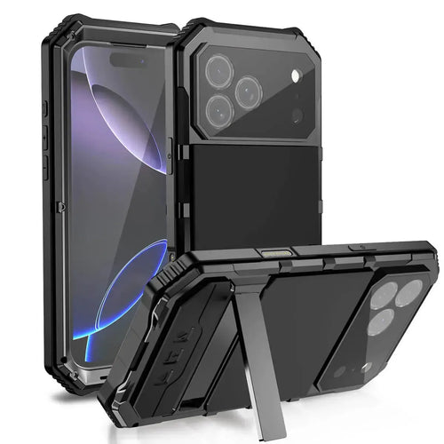 Buy Heavy Duty Aluminum iPhone Case with Kickstand, Built-in Screen & Camera Protector, Shockproof Military-Grade Gorilla Glass Cover - Hamza at Caseles-iPhone 17 Pro Max, Black