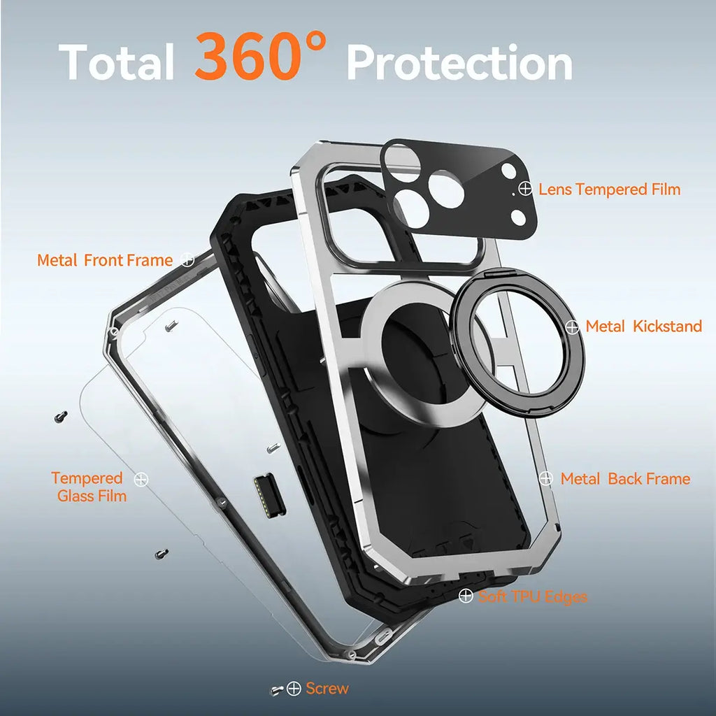 Buy 360° Rotatable Magnetic Stand Case | Full-Body Protection, Lens Guard & Wireless Charging Support - Stark at Caseles-iPhone 17 Pro Max, Orange