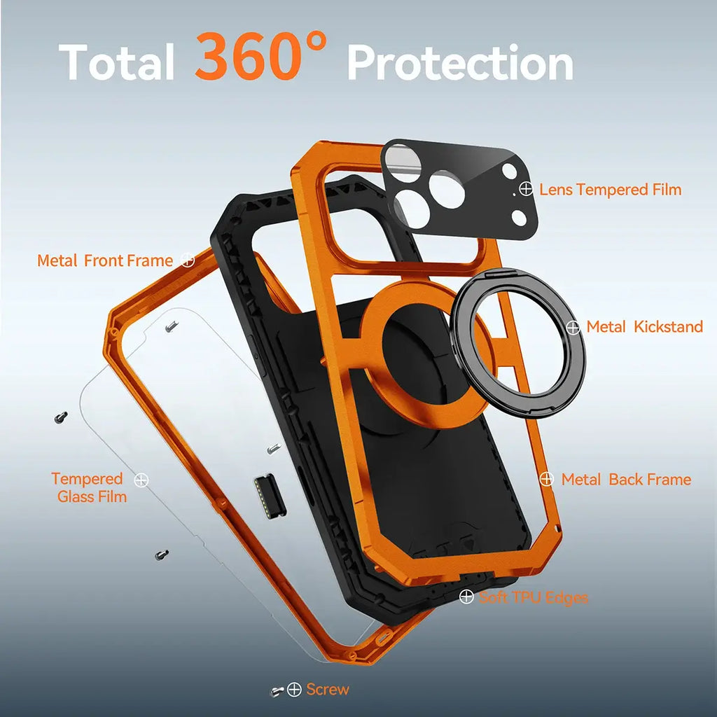 Buy 360° Rotatable Magnetic Stand Case | Full-Body Protection, Lens Guard & Wireless Charging Support - Stark at Caseles-iPhone 17 Pro Max, Orange