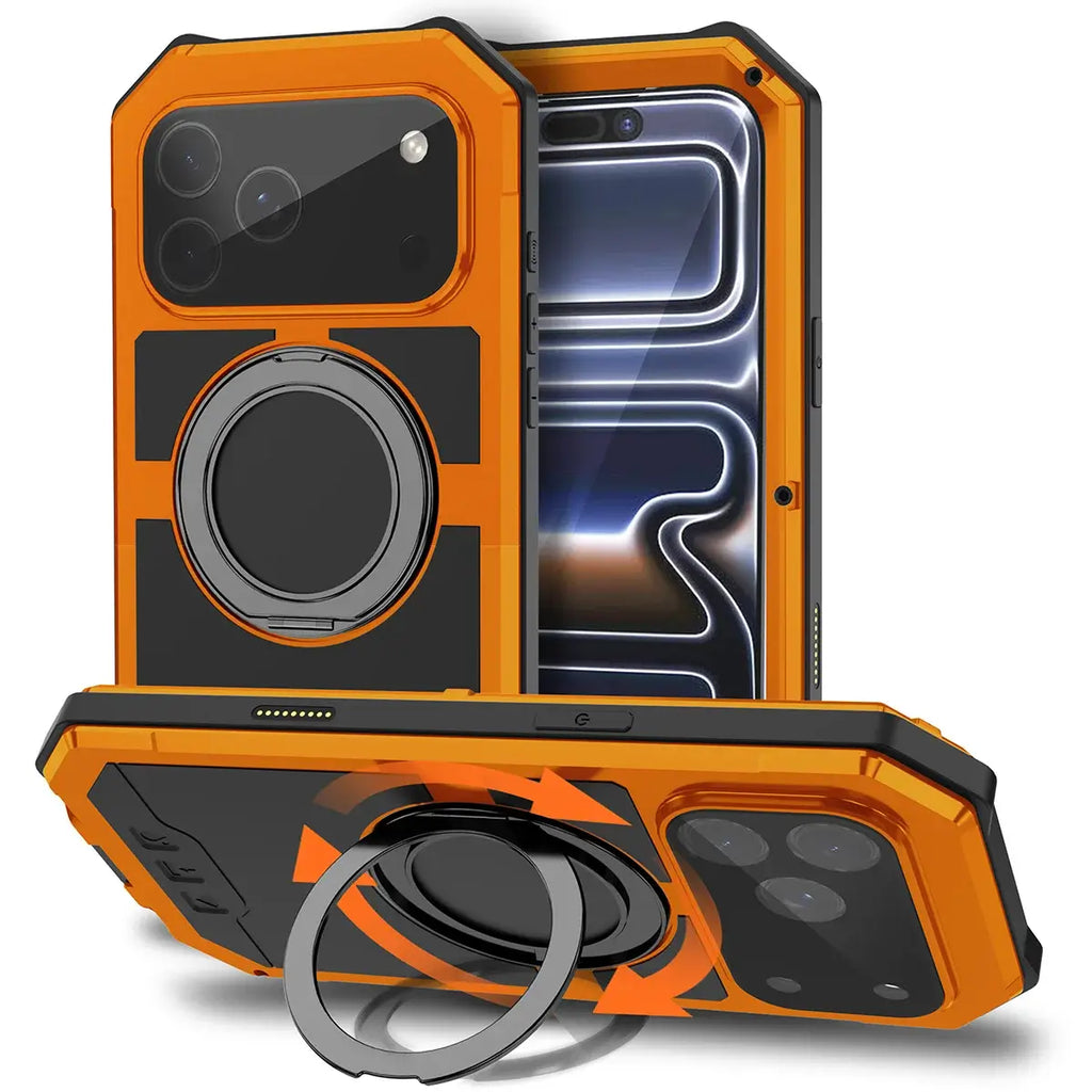 Buy 360° Rotatable Magnetic Stand Case | Full-Body Protection, Lens Guard & Wireless Charging Support - Stark at Caseles-iPhone 17 Pro Max, Orange