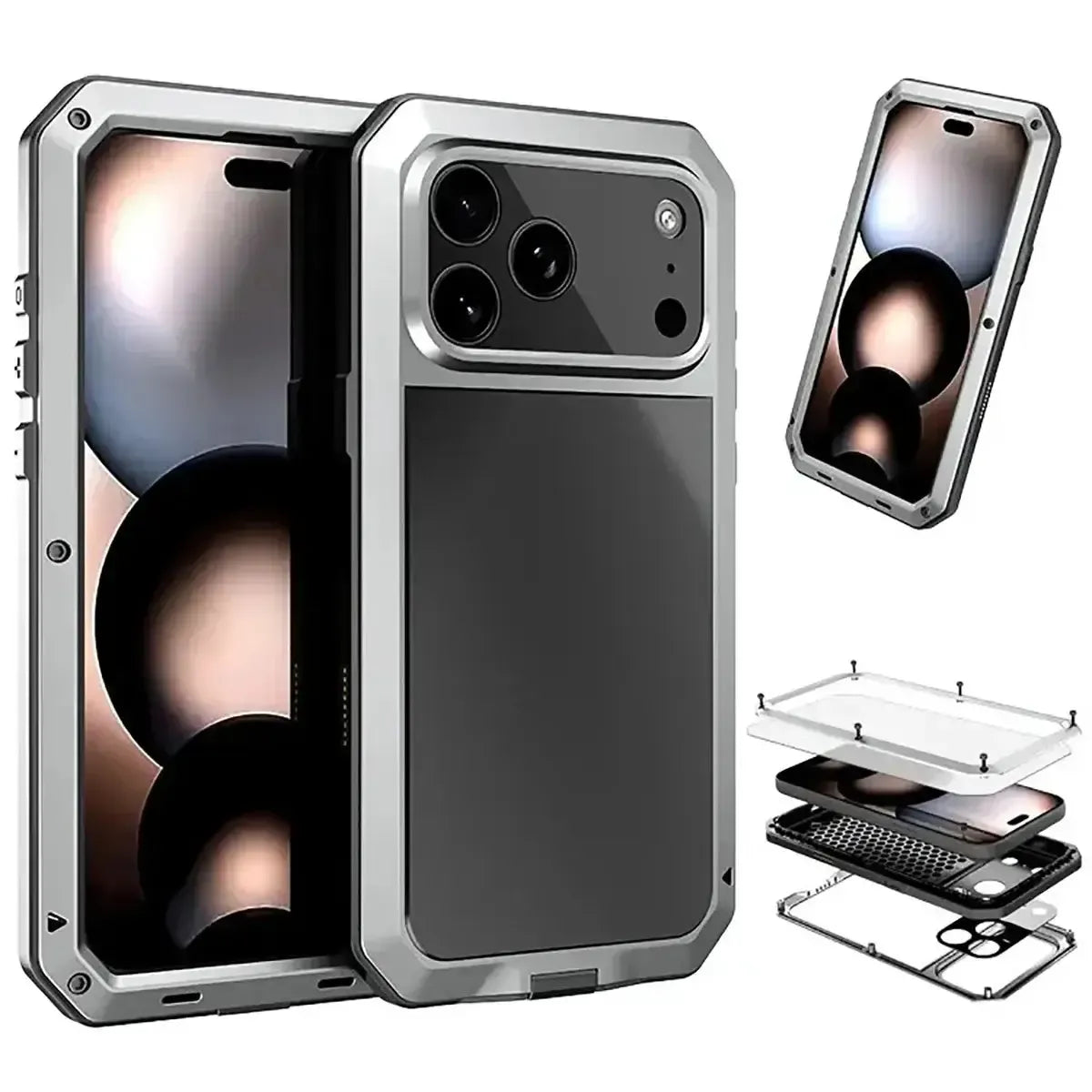 Buy Classic Full Body Metal Armor Phone Case, with Screen Protector, Heavy Duty Defender Shockproof Case - TADDEO at Caseles-iPhone 17 Pro Max, Taddeo-Silver