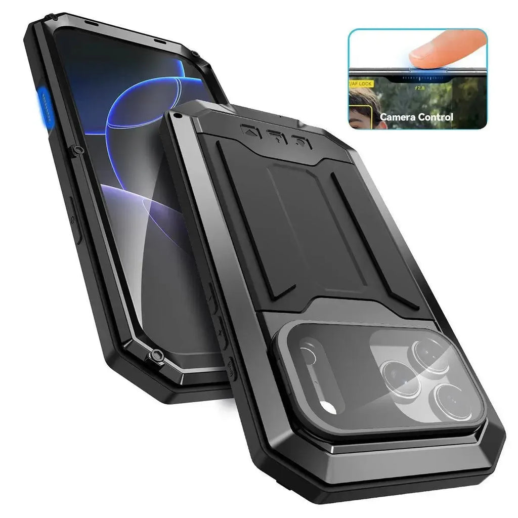 Buy iPhone Heavy Duty Metal Case with 360° Full Body Protection, Sliding Camera Cover, Built-in Screen Protector, Shockproof & Dustproof Armor Phone Cover - Warren at Caseles-iPhone 17 Pro Max, Black